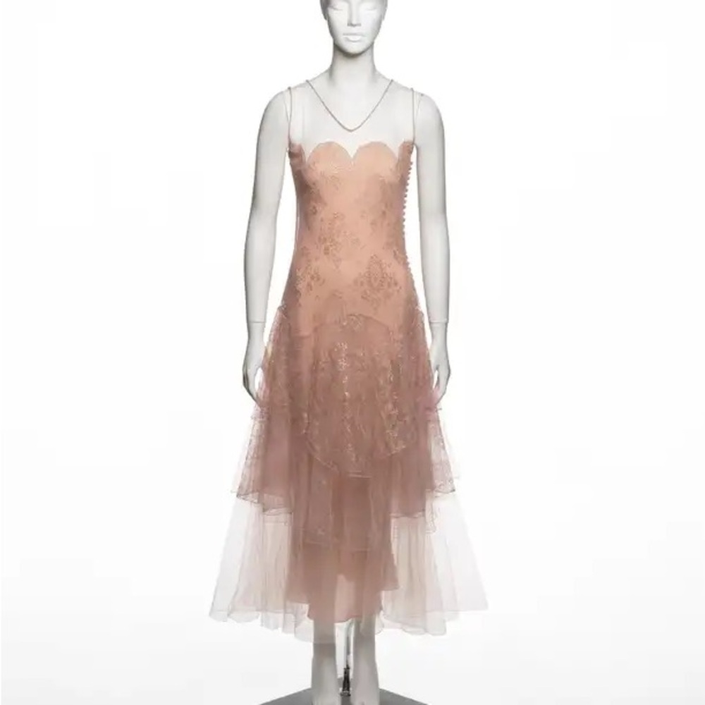 Blush Lace Tulle Evening Gown - Picture 2 of 12